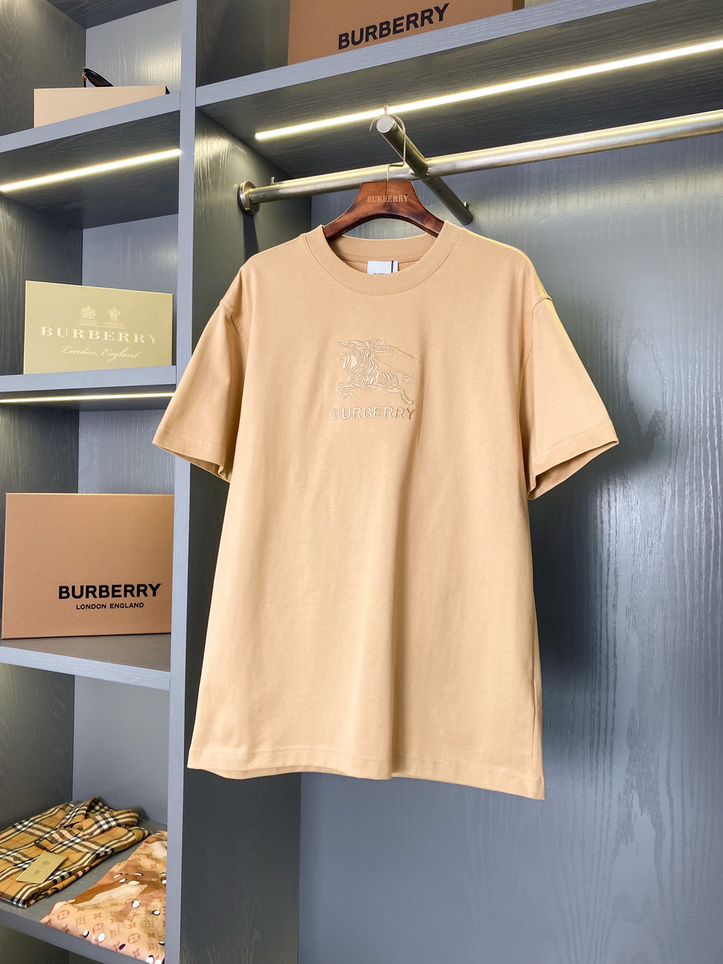 Tan Burberry crew-neck T-shirt with horse logo and 'BURBERRY' print
