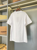 White short-sleeve crew-neck T-shirt hanging display with front logo graphic visible