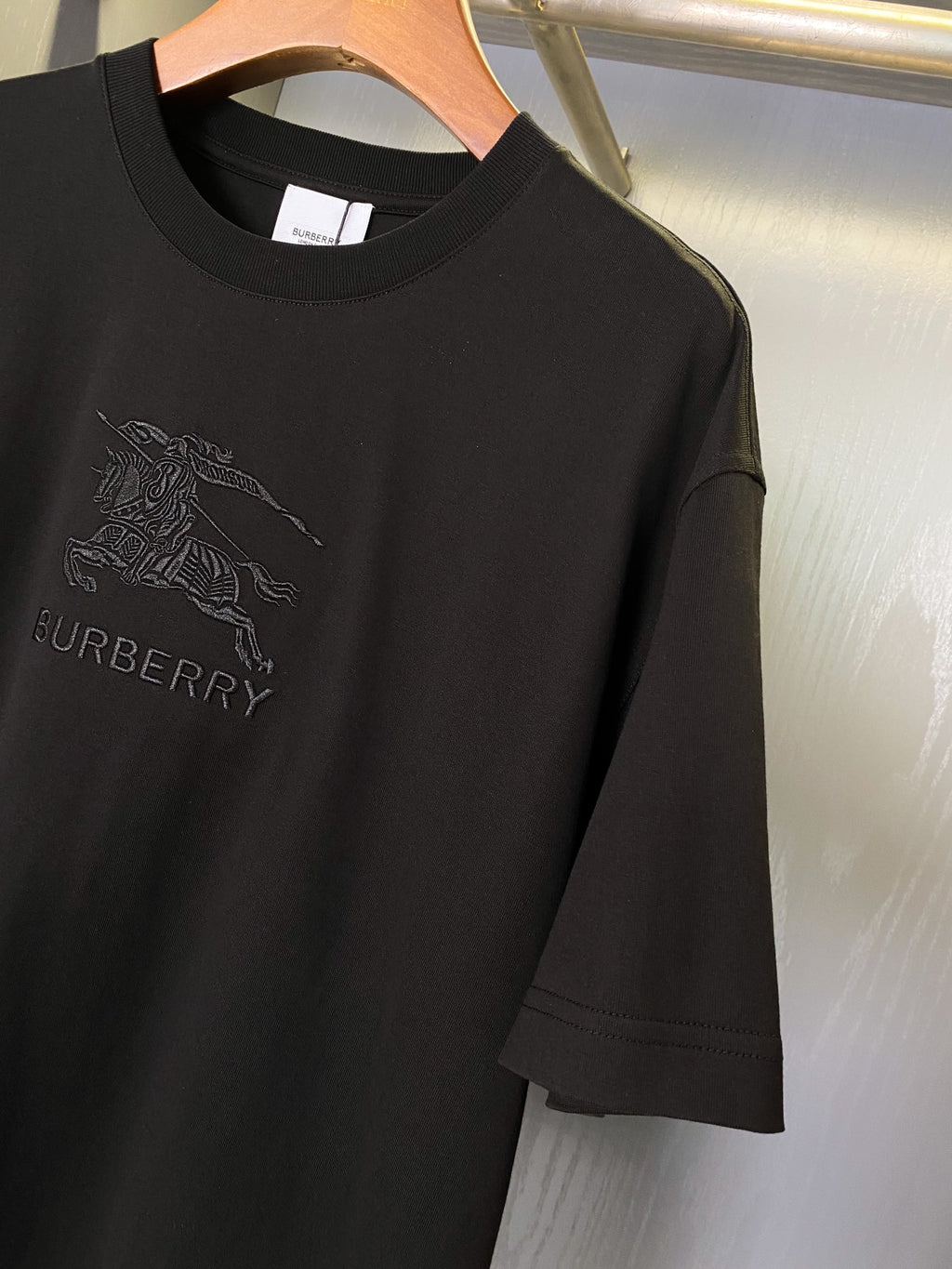 Black short-sleeve T-shirt with horse rider and BURBERRY logo on chest