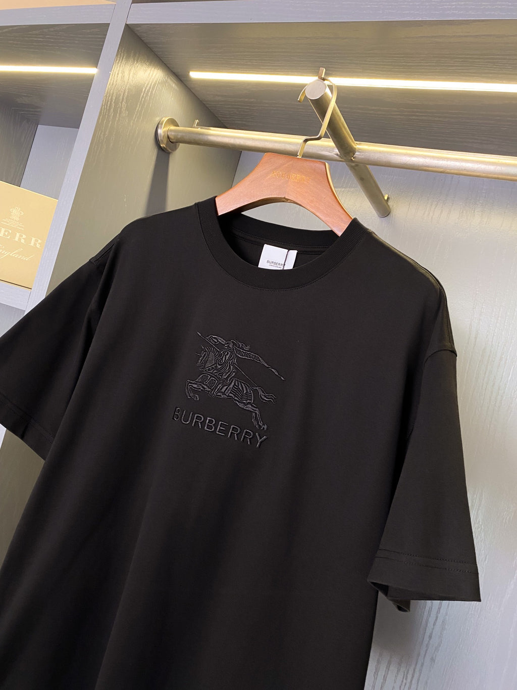 Black crew-neck T-shirt with large horse rider BURBERRY logo on chest