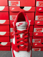 Nike Dunk Low low-top sneaker toe-up view with red laces and white mesh collar lining