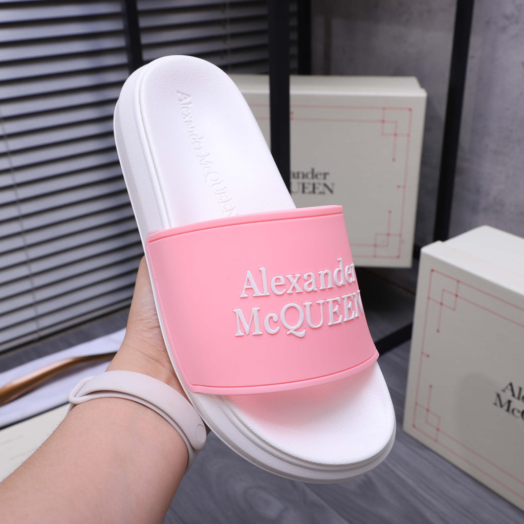 Alexander McQueen slide sandal on pink strap band over white footbed