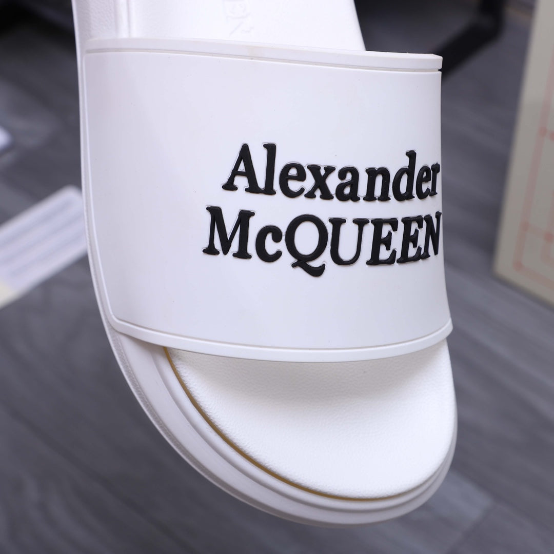 Alexander McQueen white leather slide sandal strap with Alexander McQueen logo