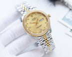 Two-tone Rolex watch with beige dial, gold hands, and steel-and-gold bracelet