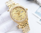 Gold-tone Rolex watch with champagne dial, diamond-set bezel, metal link bracelet