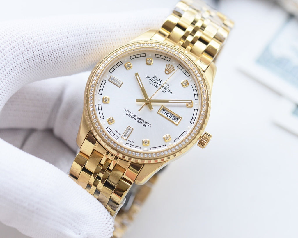 Gold-tone Rolex watch with light dial, gold markers, and metal link bracelet