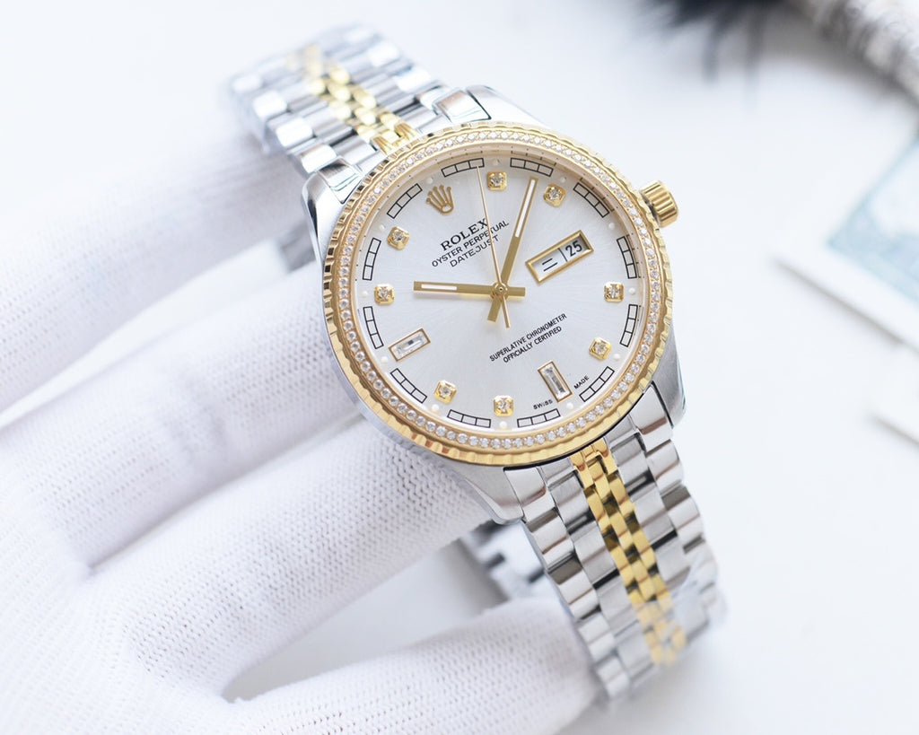 Rolex watch with gold dial, silver-and-gold metal bracelet, diamond hour markers