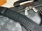 Louis Vuitton monogram bag with zipper pull and embossed dark shoulder strap