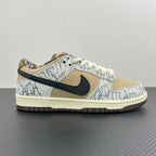 Nike Dunk SB low-top sneakers, blue-and-white patterned upper with black swoosh and tan overlays