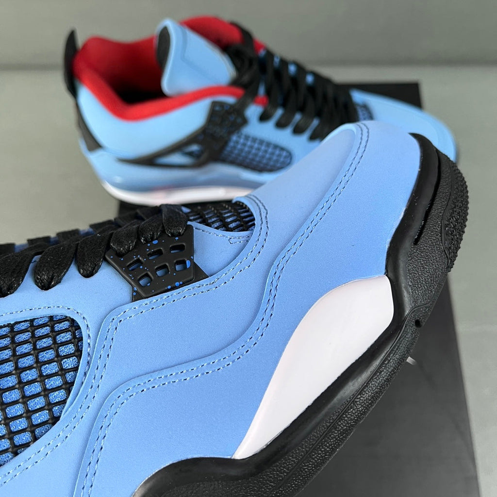 Light blue Air Jordan 4 sneaker close-up with black mesh vent and lace