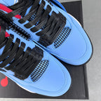 Light blue Air Jordan 4 sneaker detail with black laces and mesh windows