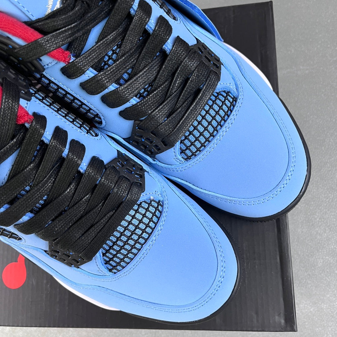 Light blue Air Jordan 4 sneaker detail with black laces and mesh windows