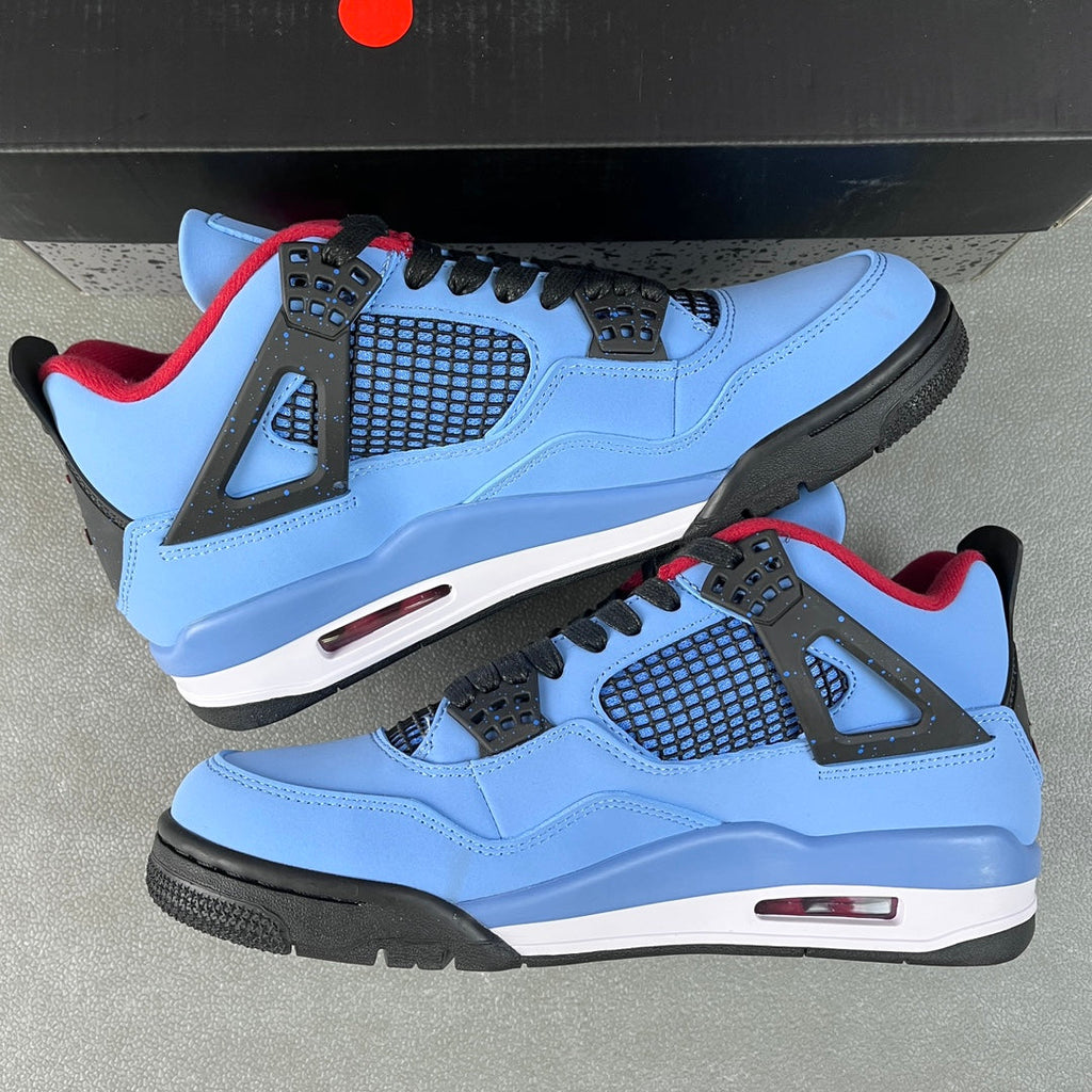Light blue Air Jordan 4 sneakers pair with black soles and red-accented details