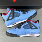 Light blue Air Jordan 4 sneakers pair with black soles and red-accented details