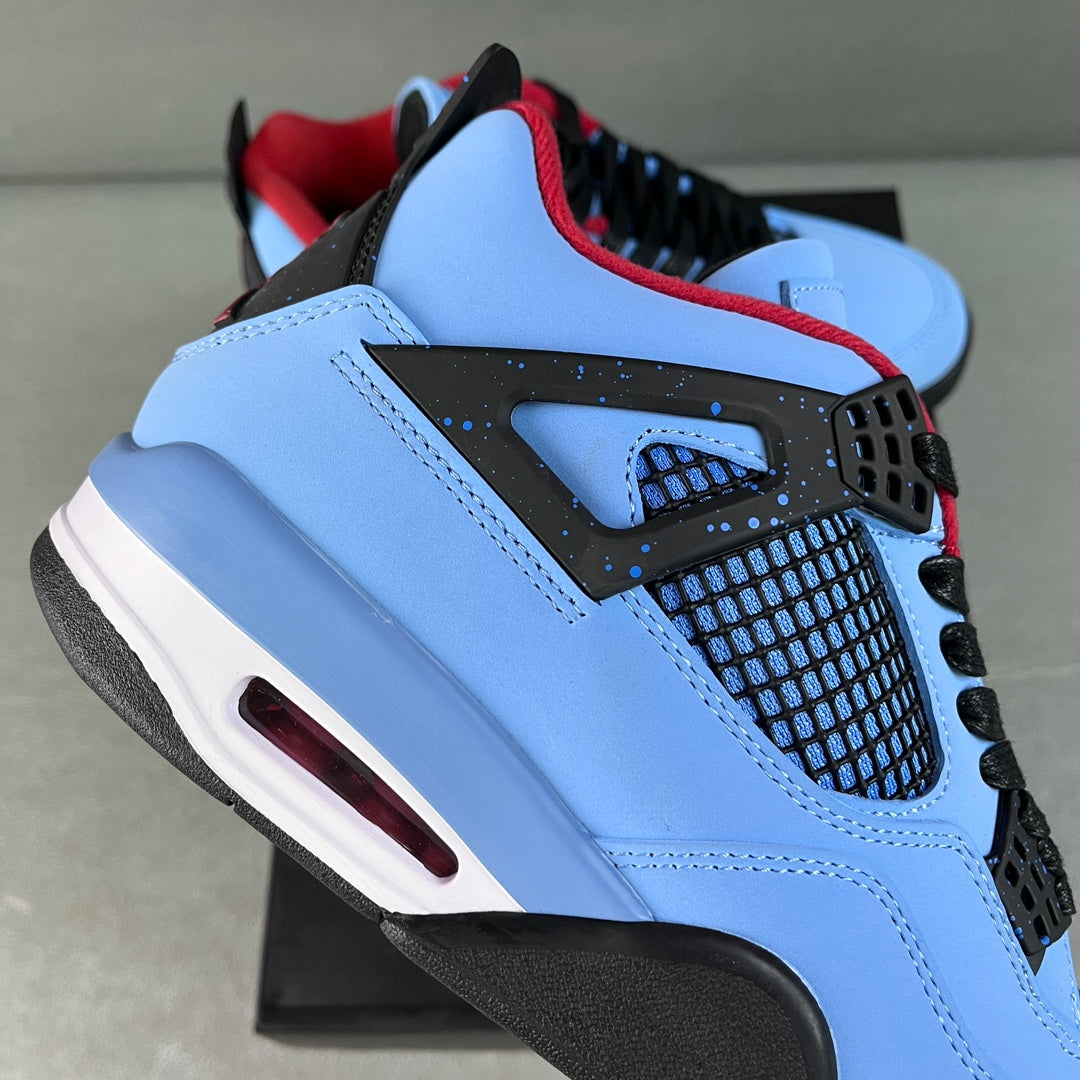 Light blue Air Jordan 4 sneaker side view with black overlay and red trim