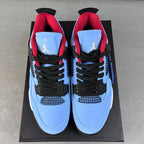 Light blue Air Jordan 4 sneakers with red collars and black lace panels