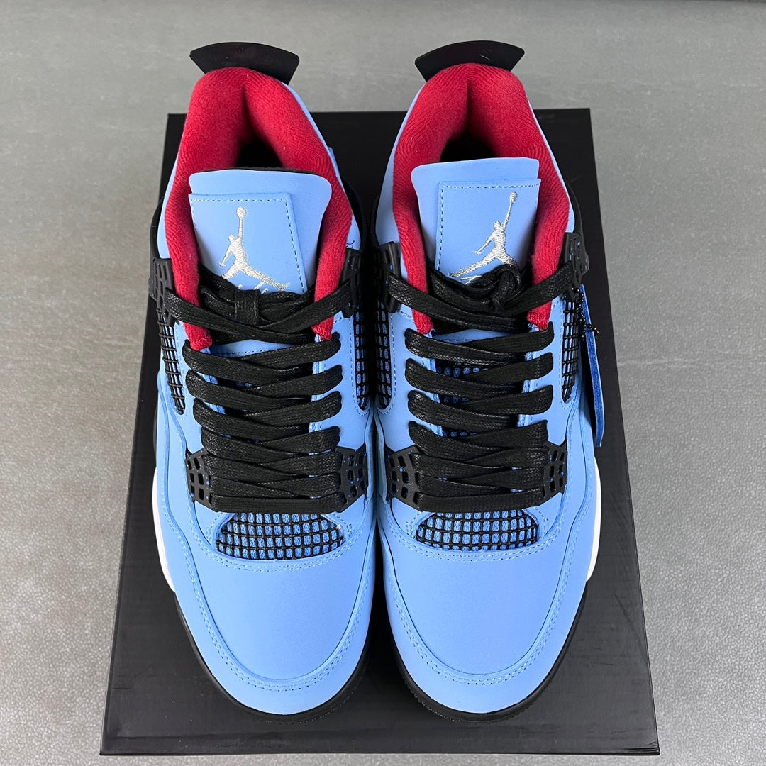 Light blue Air Jordan 4 sneakers with red collars and black lace panels