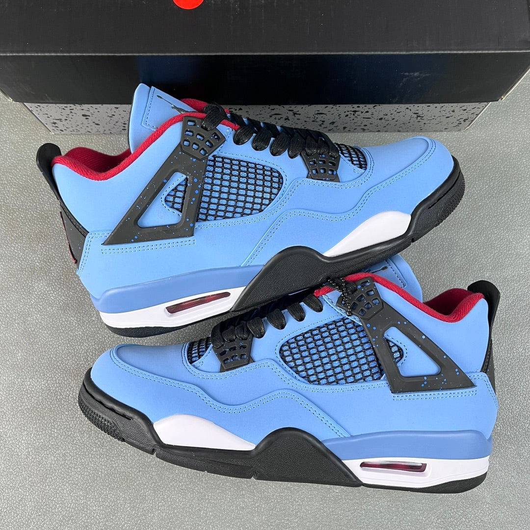 Pair of light blue and black Air Jordan 4 sneakers on a box, red lining