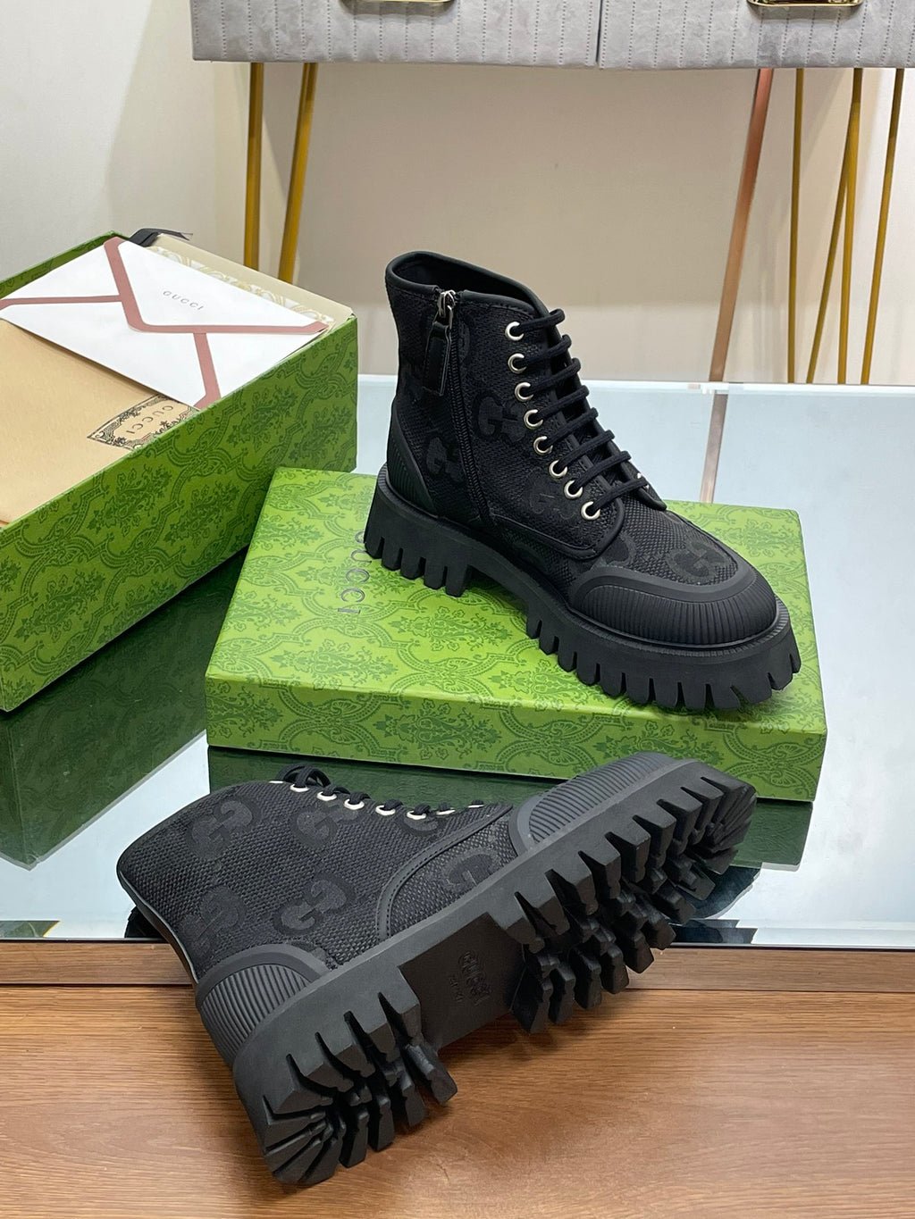 Gucci unisex high-top sneakers, dark gray, with lace-up design and lug outsole