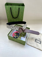 Brown and beige belt with GG canvas strap and round black buckle, in gift box