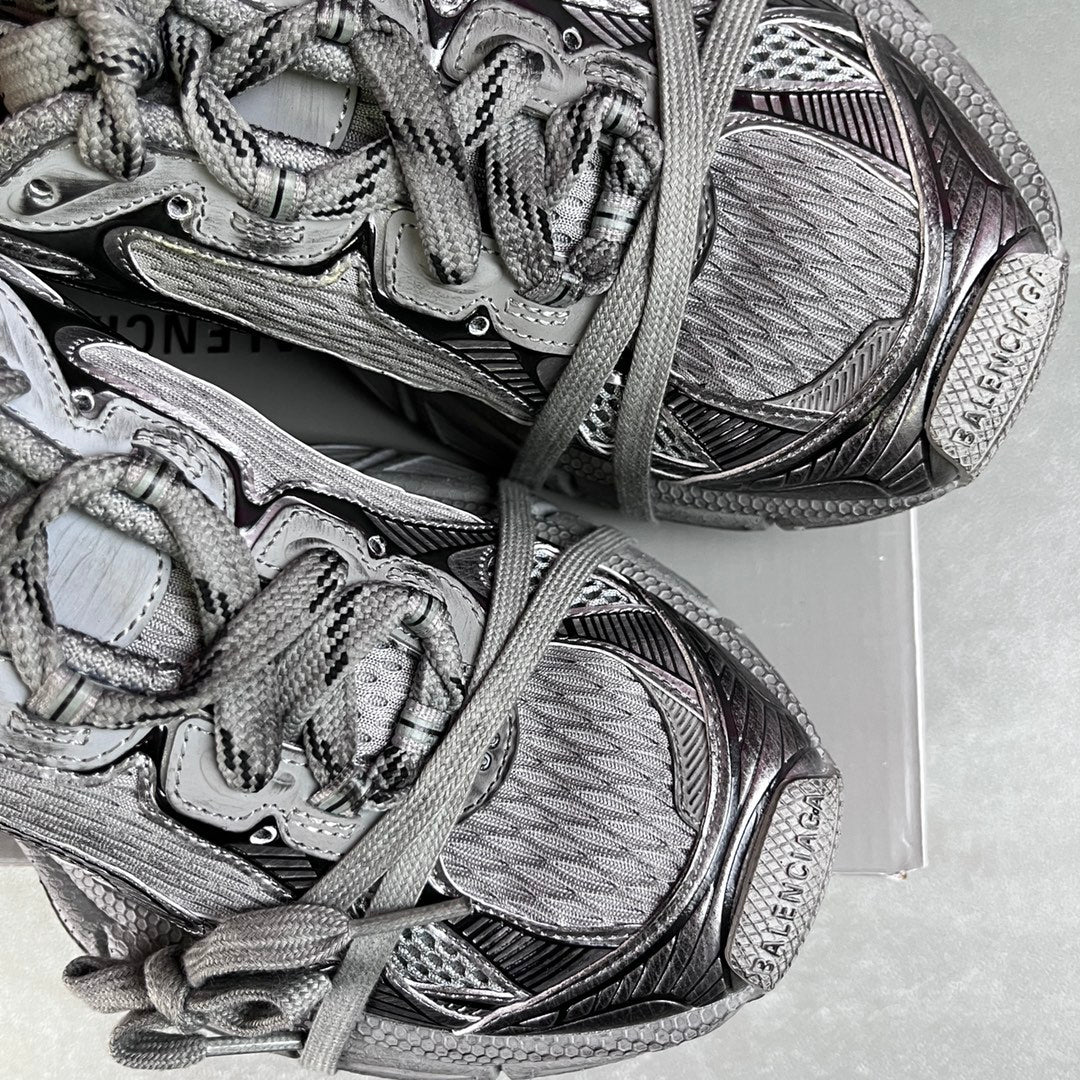 Balenciaga sneakers in box, woven texture, laces, and side panel detail
