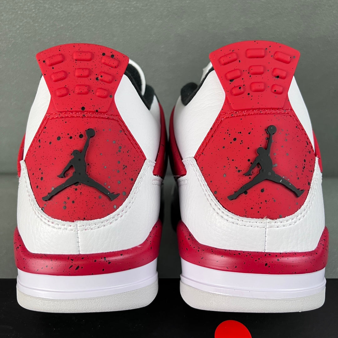 Air Jordan 4 sneaker heel, white leather with red rear panel and black Jumpman