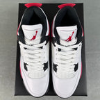 Air Jordan 4 sneakers, white uppers with red lining and black ankle collar