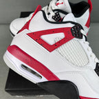Air Jordan 4 sneaker side view, white upper with red lace panel and black sole