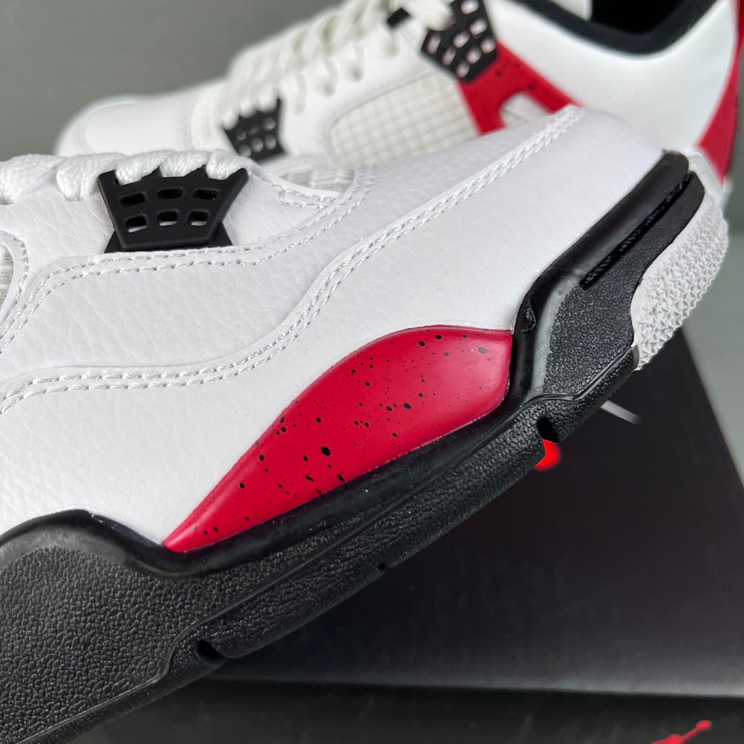 Air Jordan 4 sneaker toe, white leather with red panel and black textured edge