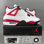 Air Jordan 4 sneaker, white leather with red accents and black heel detail
