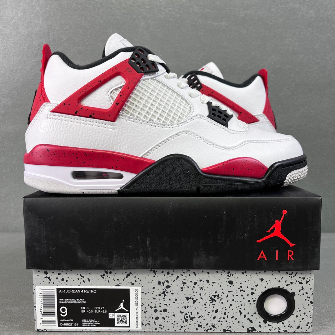 Air Jordan 4 sneaker, white leather with red accents and black heel detail