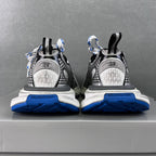 Balenciaga unisex sneakers back view, gray toe caps with blue rubber midsoles