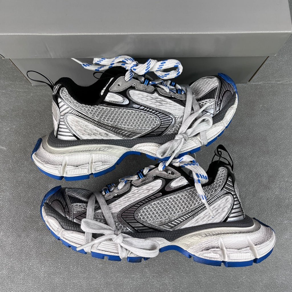 Balenciaga unisex sneakers, gray and black mesh panels with white laces and blue soles
