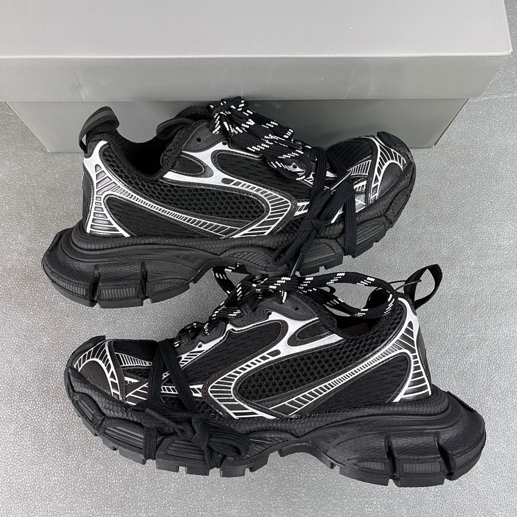 Balenciaga unisex sneakers, black with white panels, lace-up, chunky platform sole