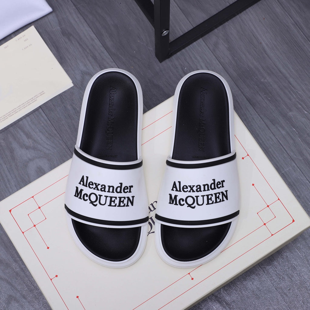 Alexander McQUEEN slide sandals, white and black with logo strap band