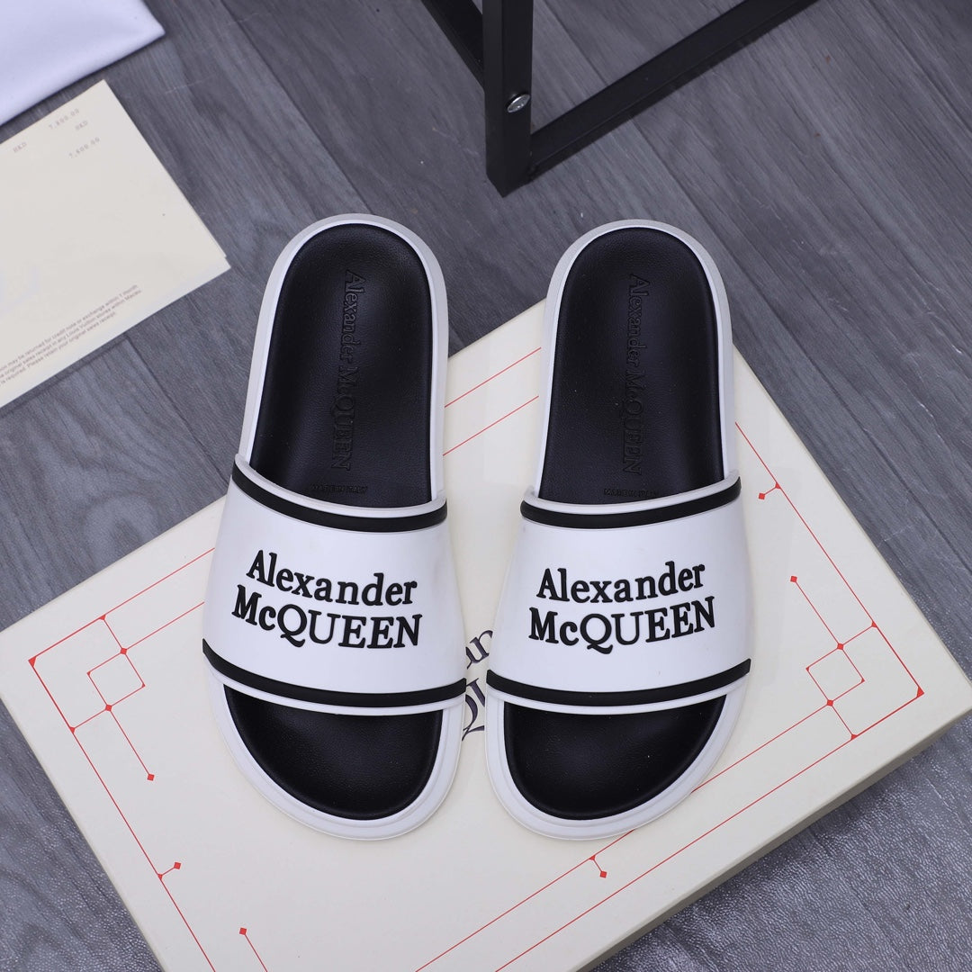 Alexander McQUEEN slide sandals, white and black with logo strap band