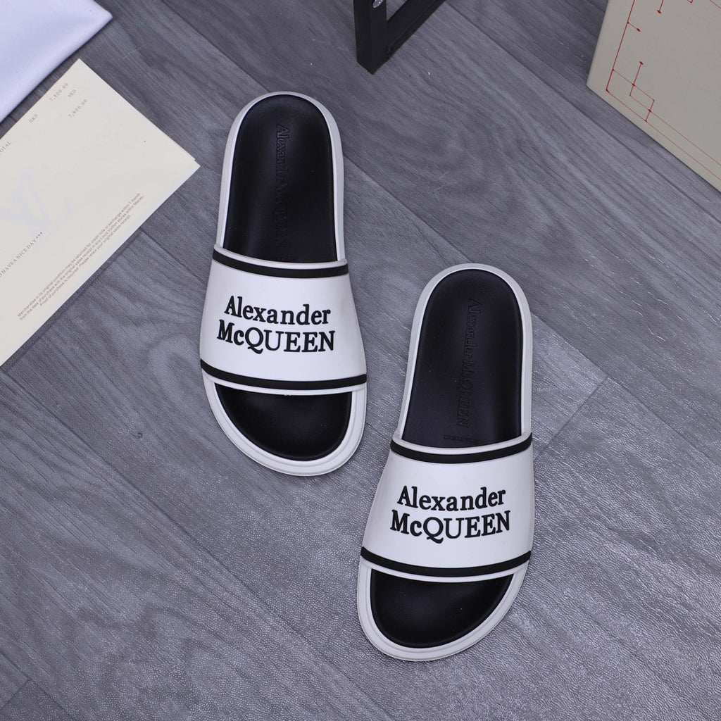 Alexander McQUEEN slide sandals, white outer with black footbed and logo band