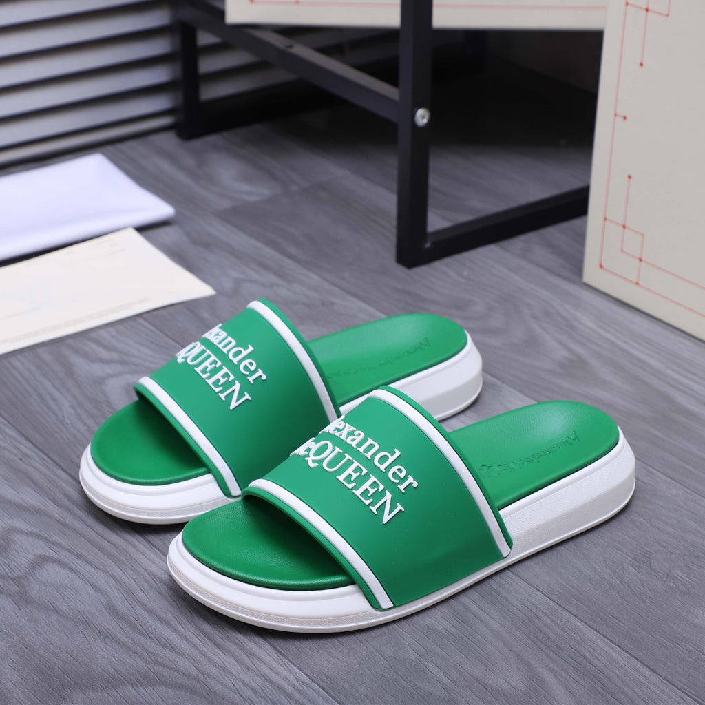 Green slide sandals, white midsoles, fabric strap with Alexander McQUEEN logo