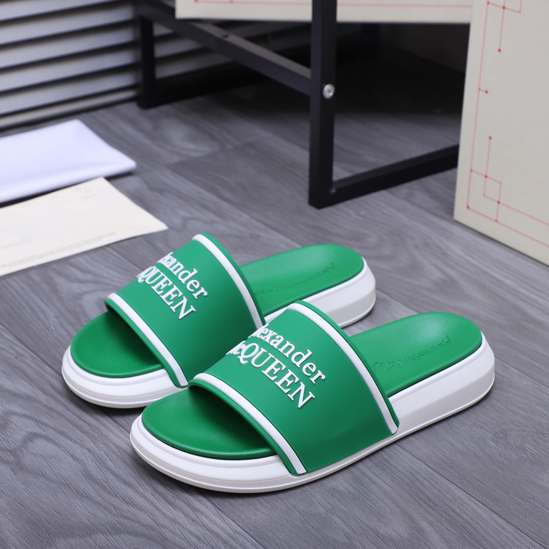 Green slide sandals, white midsoles, fabric strap with Alexander McQUEEN logo