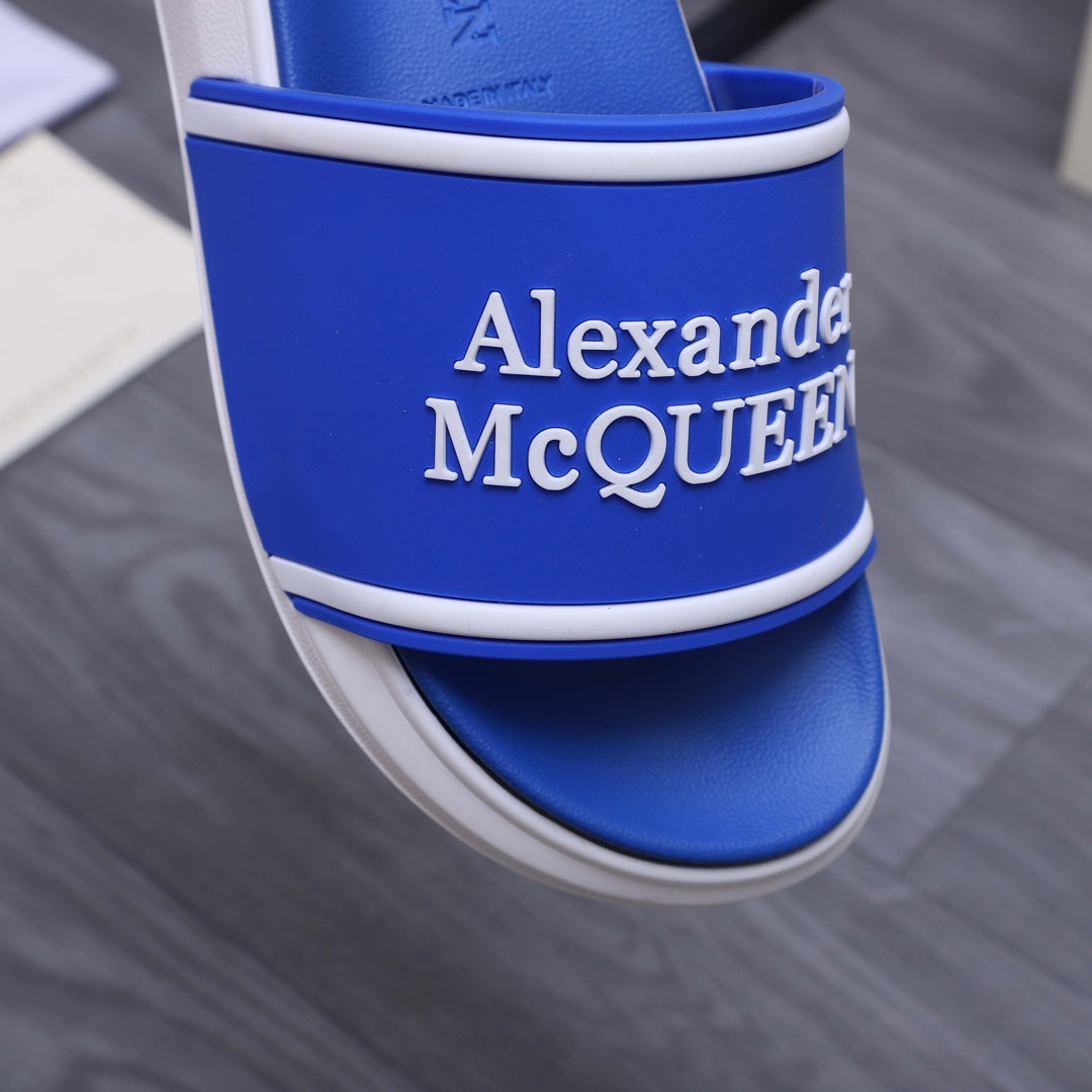 Blue slide sandal with Alexander McQUEEN logo strap and white midsole