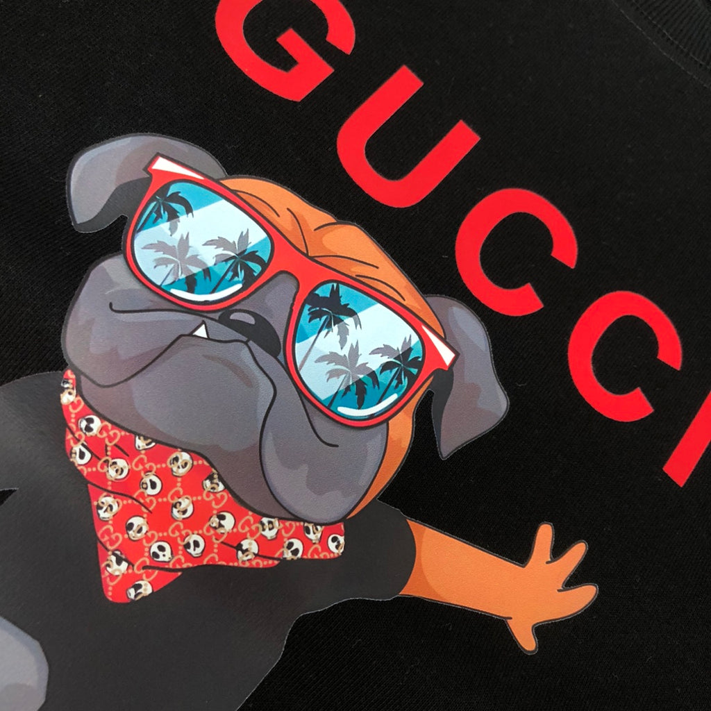 Black Gucci crewneck sweatshirt with close-up dog face and red Gucci letters