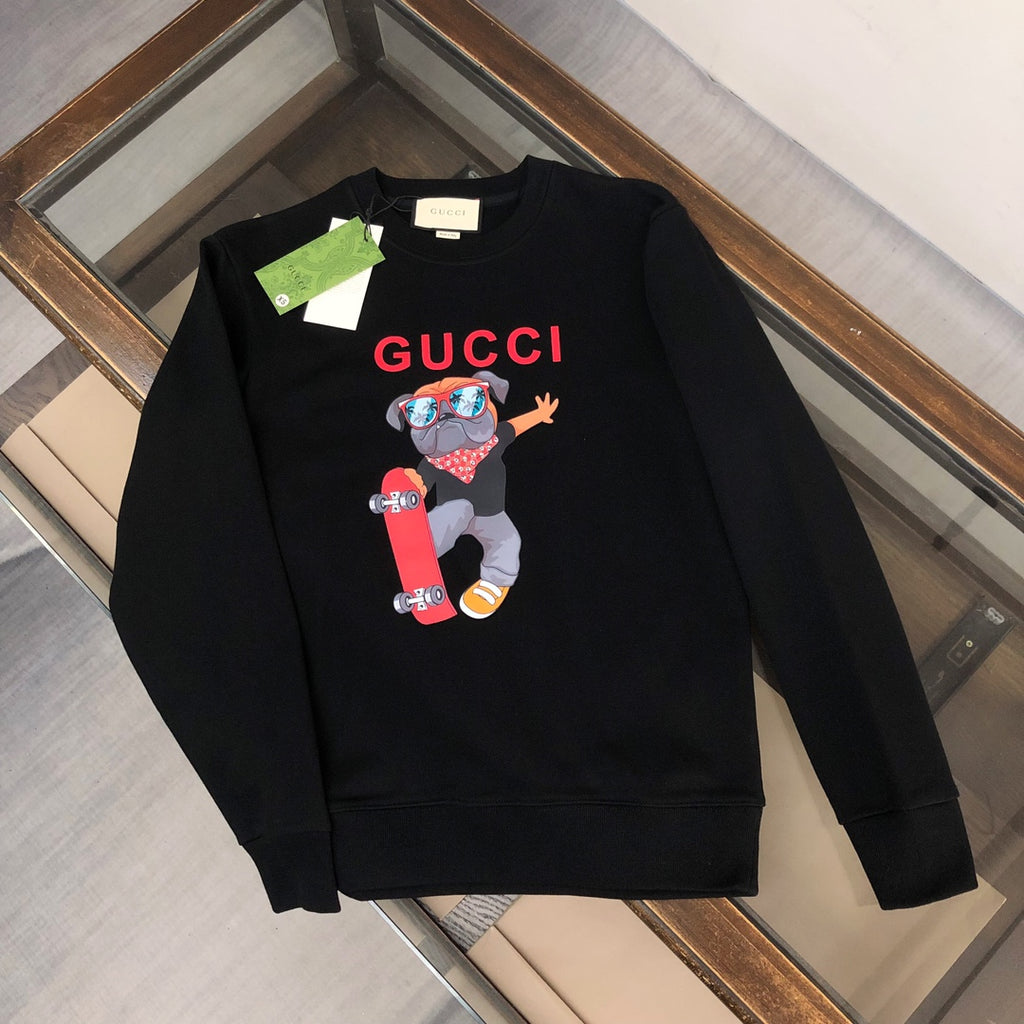 Black Gucci long-sleeve crewneck sweatshirt with red and white graphic front