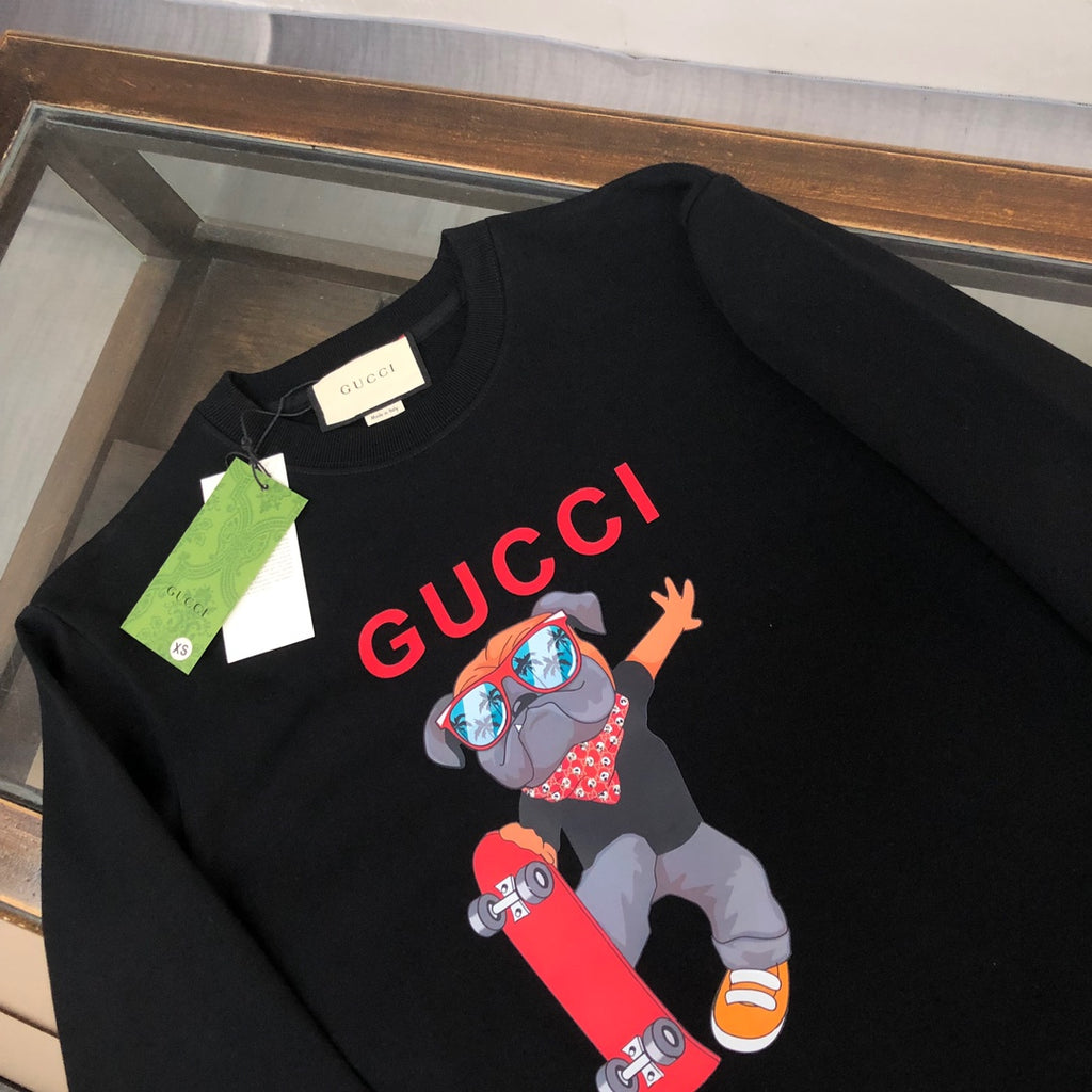 Black Gucci crewneck sweatshirt with large red Gucci text and character graphic