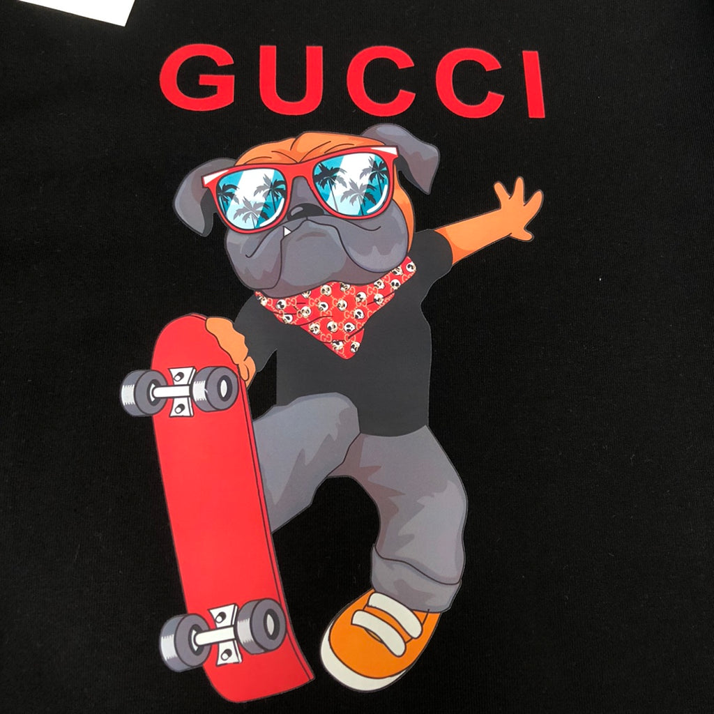 Black Gucci crewneck sweatshirt with red Gucci word and skateboard dog graphic