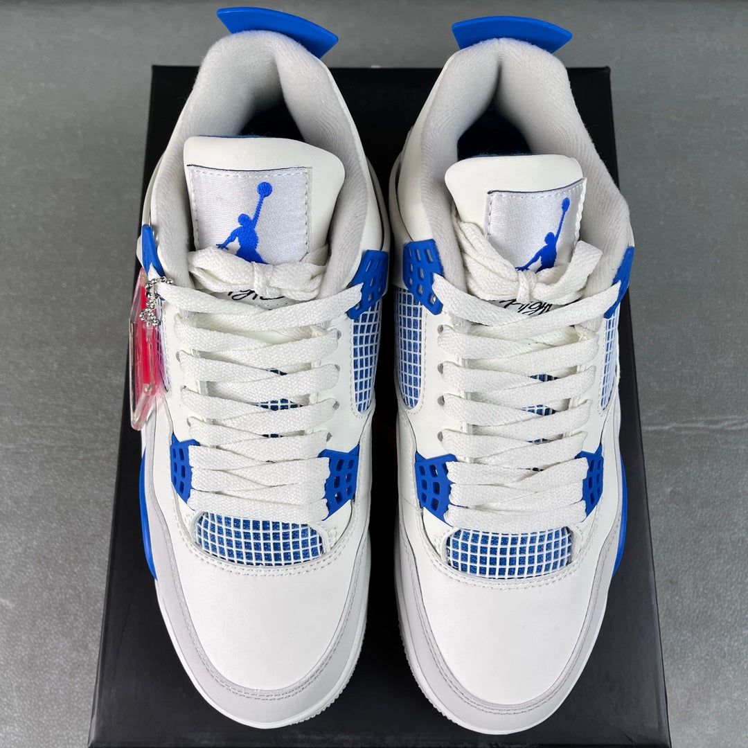 Pair of white lace-up sneakers with blue mesh quarters and Jumpman tongue patches.