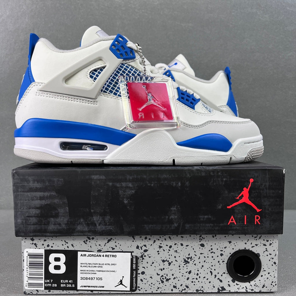 White Air sneaker with blue net panels, blue accents, and lace-up closure.