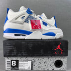 White Air sneaker with blue net panels, blue accents, and lace-up closure.