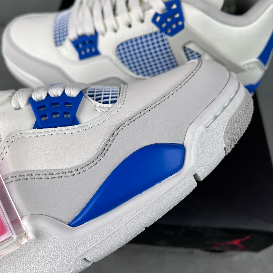White sneaker side view with blue mesh panel, perforated blue detail, and laces.