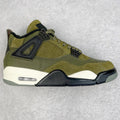 Olive suede and mesh Air Jordan 4-style sneaker with black accents and white sole