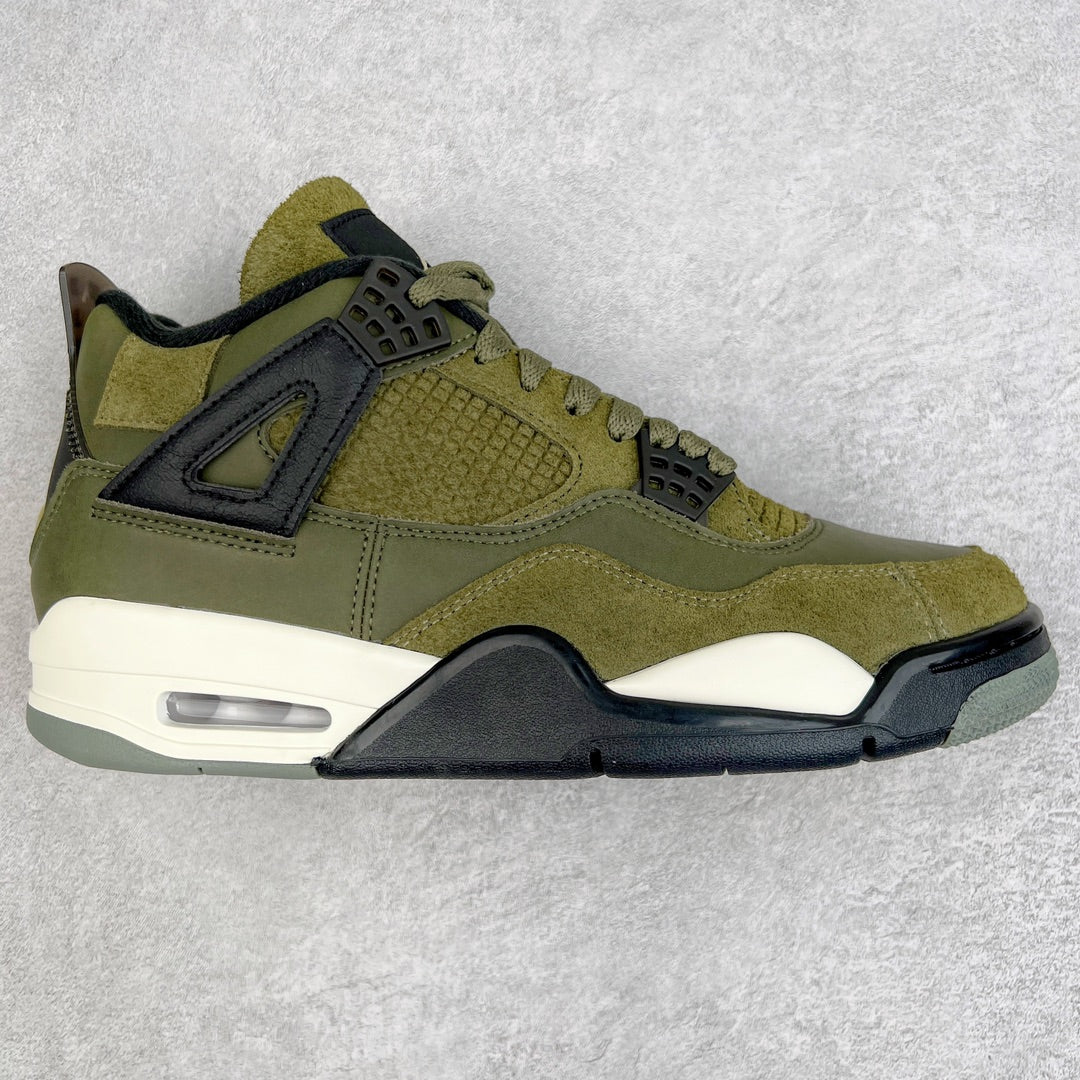 Olive suede and mesh Air Jordan 4-style sneaker with black accents and white sole